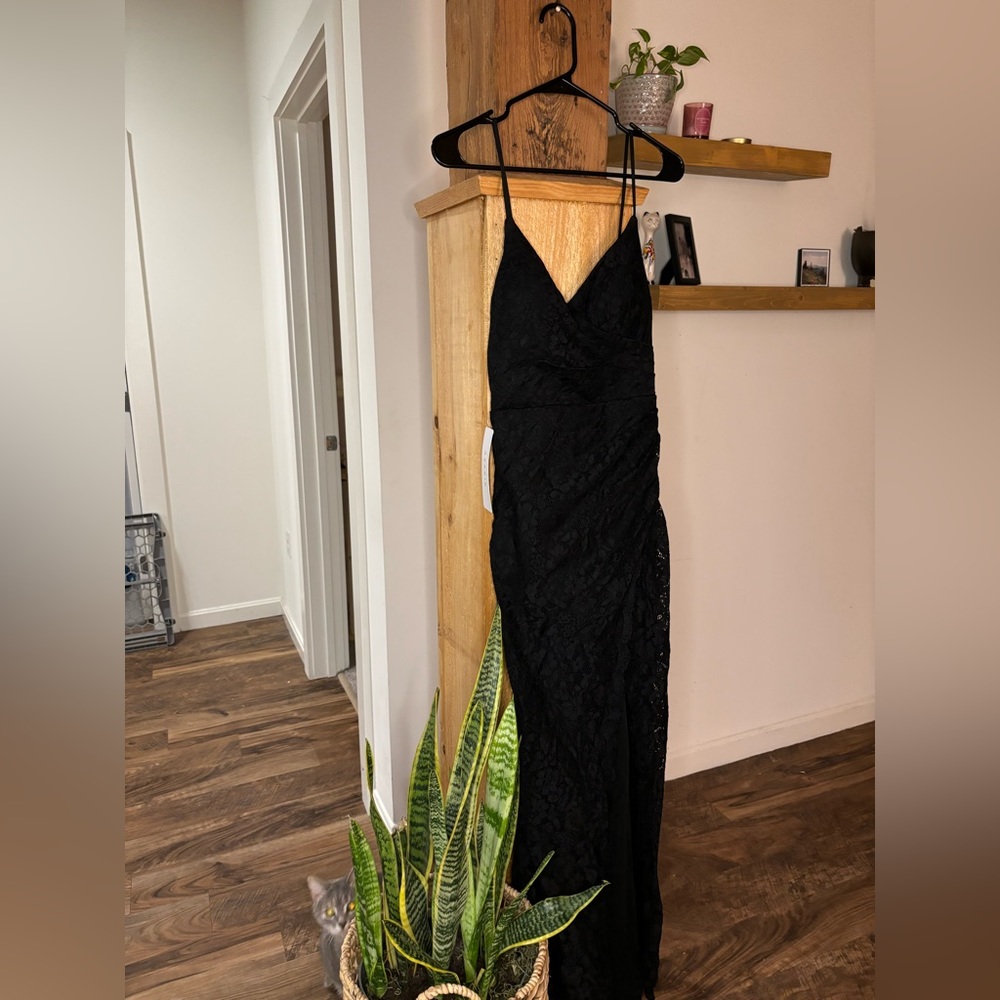 Black Azazie wedding guest dress all lace v neck wrap front. Never worn, tags on